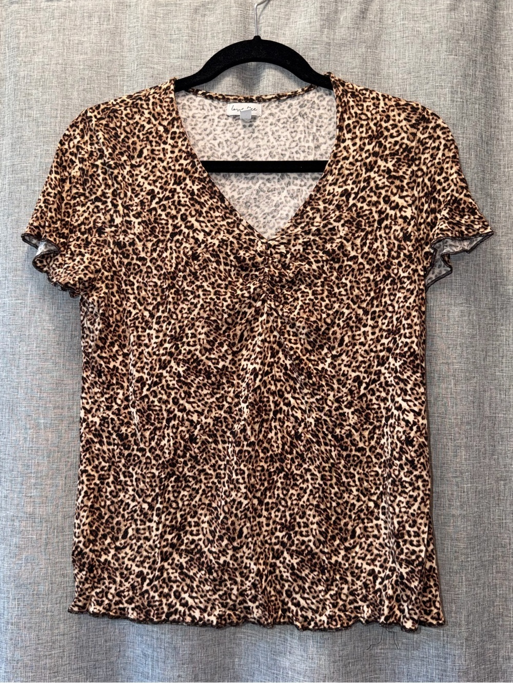 love, Fire Leopard Print V-Neck Short Sleeve Top - Brown/Tan Large